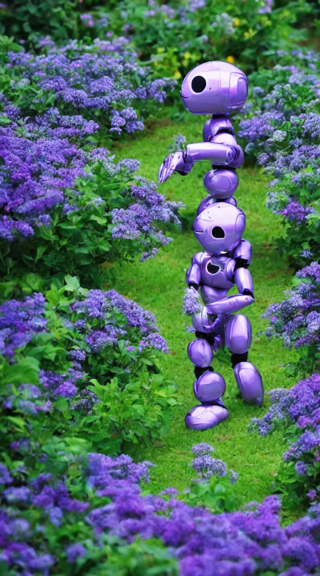 Image similar to toy humanoid robot in a garden, hyper detailed, sharp focus, bokeh, unreal engine, ray tracing, cute, fantasy, sci fi, purple flowers, blue flowers, violet flowers, glowing flowers, tiny, small, hyper realistic, sky