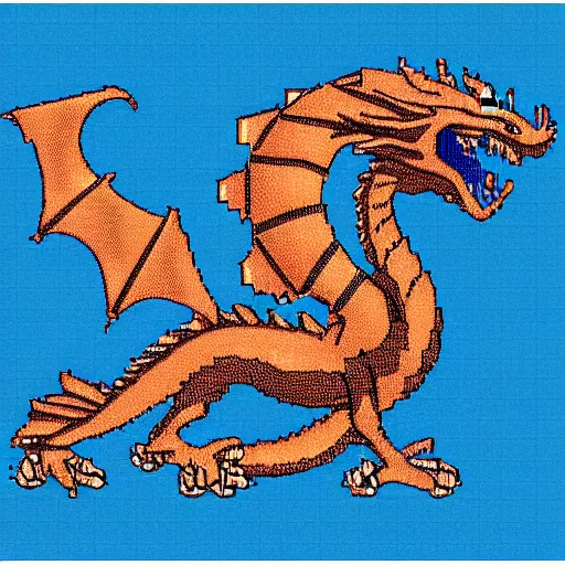 Image similar to blue blueprint of a fantasy dragon pixel art