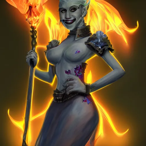 Prompt: A portrait of a tiefling woman made out out translucent fire. She has a cute smile. Her clothes are totally punk-rock