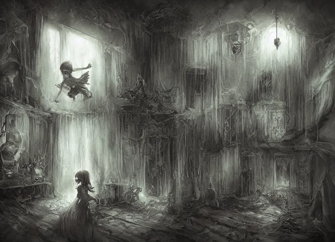 Image similar to a poltergeist inside a creepy house, fantasy art