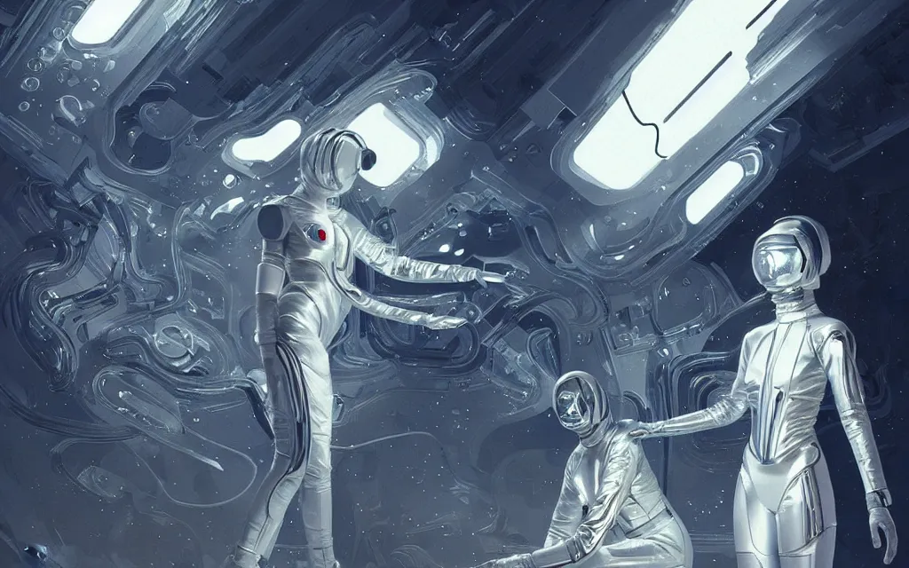 Image similar to wearing silver white astronaut wardrobe girl catched an human structure alien inside an ufo, ssci-fi, neon light and fantasy, intricate and very very beautiful and elegant, highly detailed, digital painting, artstation, concept art, smooth and sharp focus, illustration, art by tian zi and WLOP and alphonse mucha