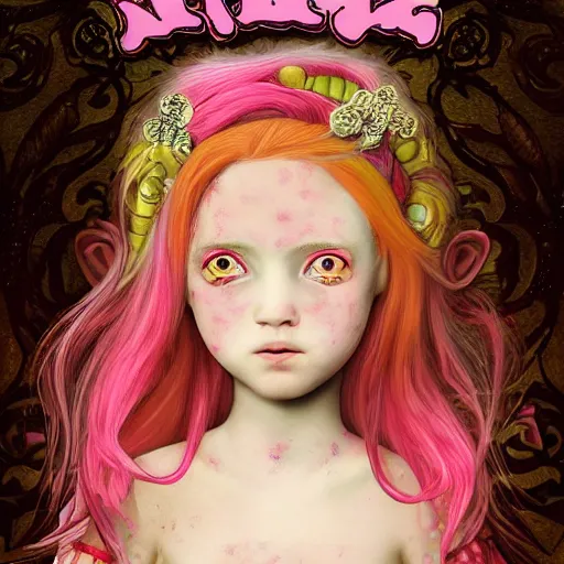 Prompt: a mythological young girl with freckles and pink hair looks at the camera, she has sparkles and stickers on her face rococo, art nouveau, manga, expressionism 3 d 8 k ultra detailed