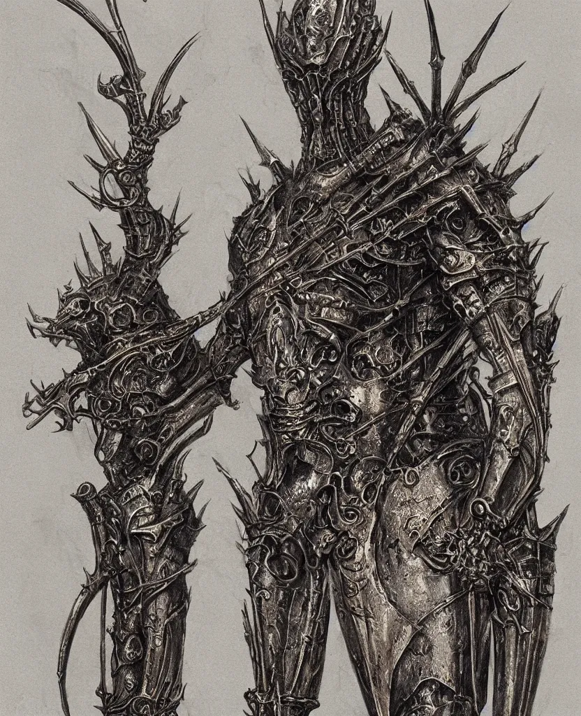 Prompt: a single filigree ornamental medieval iron and black bronze armor with skeletal features and short spikes, frontal, art by (((wayne barlowe))), hr giger, hedi xandt, foggy, dimly lit, artstation, concept art,