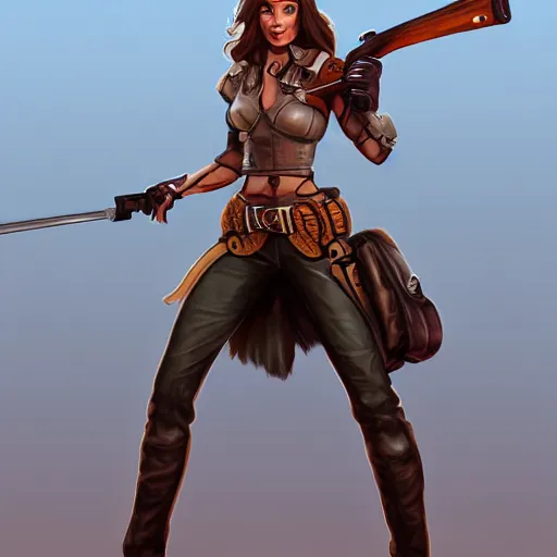 Image similar to full body, female cowgirl, perfect face, long rifle, 8 k, magic the gathering, d & d, artstation