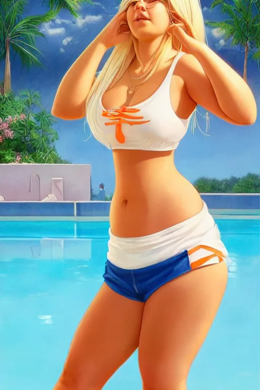 Prompt: a beautiful chubby woman with very long hip-length blonde hair, wearing a cut-off white top and short light orange cut-off shorts, stands by a swimming pool, in the style of artgerm and moebius and annie liebovitz, photorealistic, highly detailed, trending on artstation