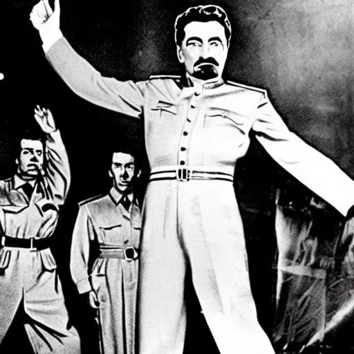 Image similar to A movie still of Stalin wearing a disco suit in Satuday Night Fever