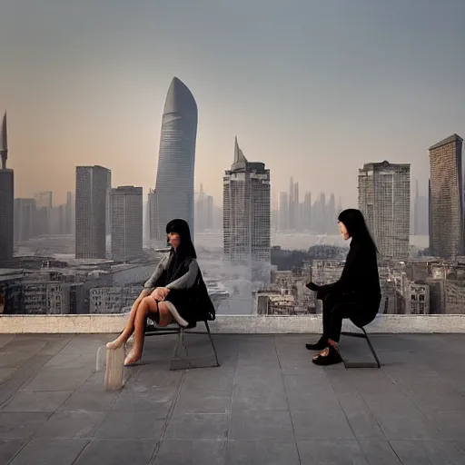 Image similar to a small rooftop with a couple of people sitting and watching the view, wearing black modern clothes, designed by rick owens, messy short hair, modern shanghai bund in smog is on the background, sunset, pale colors, by gregory crewdson