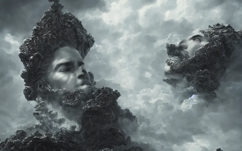 Image similar to portrait of demigod throne clouds, face made out of clouds, dramatic, intricate, elegant, detailed, digital painting, artstation, concept art, smooth, sharp focus, illustration, cinematic, gustave dore, octane render