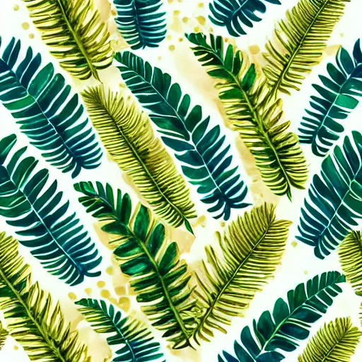 Prompt: repeating pattern seamless. watercolor. tropical palm leaves, warm light, gold and green, hyperrealistic, minimalistic, stylized