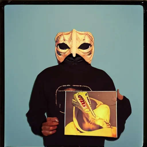Prompt: surreal, photo of man in realistic lizard mask, in a hoodie, holding a vinyl record, 8 0 - s fashion, polaroid photo, by warhol,
