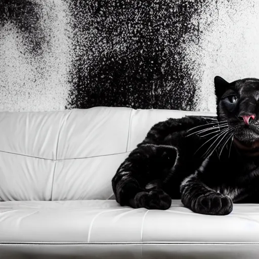 Prompt: a shiny gooey tar covered panther in a modern living room laying on a white couch covering it in sticky black tar splattering the walls with tar. photography, dslr, full body, award winning photography, pet photography, detailed