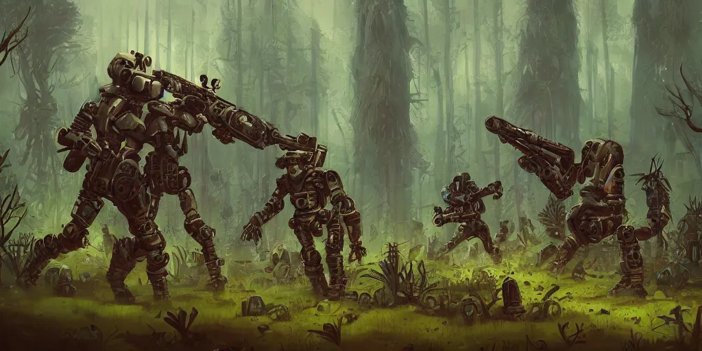 Image similar to guerrillas reed - people fighting robot in futuristic spiritual mystical post apocalyptic swampy forest drawn by ron gilbert, dim painterly volumetric aquatic lighting, scenic, beautiful, crisp, artstation, highly detailed