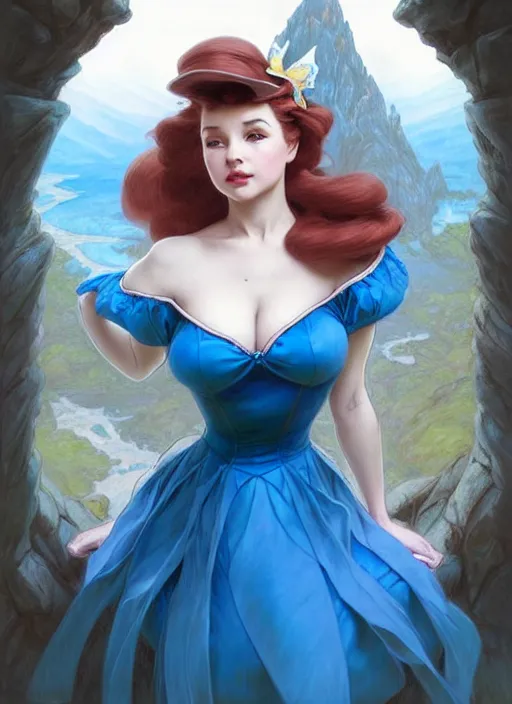 Image similar to concept art by artgerm, portrait of pinup disney alice in wonderland in blue dress, soft natural light, intricate, elegant, highly detailed, mountain background with houses and river, digital painting, artstation, concept art, smooth, sharp focus, illustration, art by greg rutkowski and alphonse mucha and uang guangjian and gil elvgren, symmetry!!