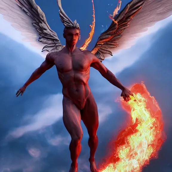 Image similar to cinematic full body shot of a beautiful stunning male angel flying over hell, that's a beautiful stunning male angel, hell is on fire with lava everywhere, elegant pose, flying, detailed arms, streamlined white armor, two arms, two legs, detailed fanart, macro art, realistic digital art, DeviantArt, artstation, 3D realistic, 8k HD, octane render