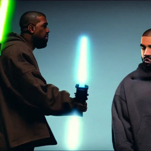 Image similar to kanye west vs drake lightsaber duel, cinematic, realistic