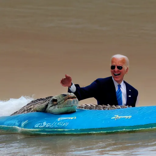 Prompt: ( joe biden ) surfing on top of a crocodile