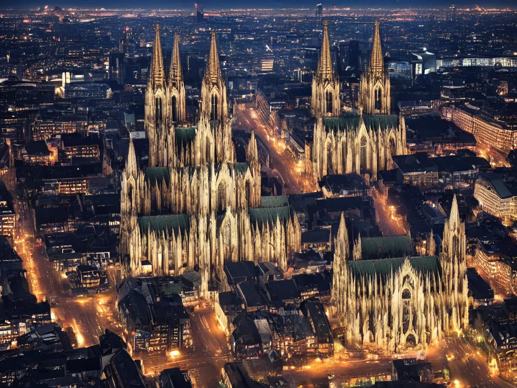 Image similar to cologne cathedral sourrounded by city, birds eye view, night, landscape, sky, volumetric lighting, 8 k octane beautifully detailed render, post - processing, extremely hyper - detailed, intricate, epic composition, intricate, trending on artstation, stunning art by frazetta, wonderful masterpiece by karine villette