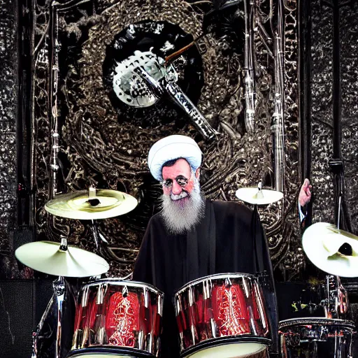 Image similar to khamenei playing drums in heavy metal band in hell, high definition, trending on artstation, unreal engine, photorealistic, high resolution,, trending on deviantart, hdr, hyper detailed, insane details, intricate, elite, ornate, elegant, luxury, dramatic lighting