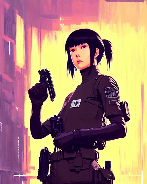 Image similar to girl wearing in tactical gear | | audrey plaza, fine detail!! anime!! realistic shaded lighting!! dramatic!! poster by ilya kuvshinov katsuhiro otomo ghost - in - the - shell, magali villeneuve, artgerm, jeremy lipkin and michael garmash and rob rey