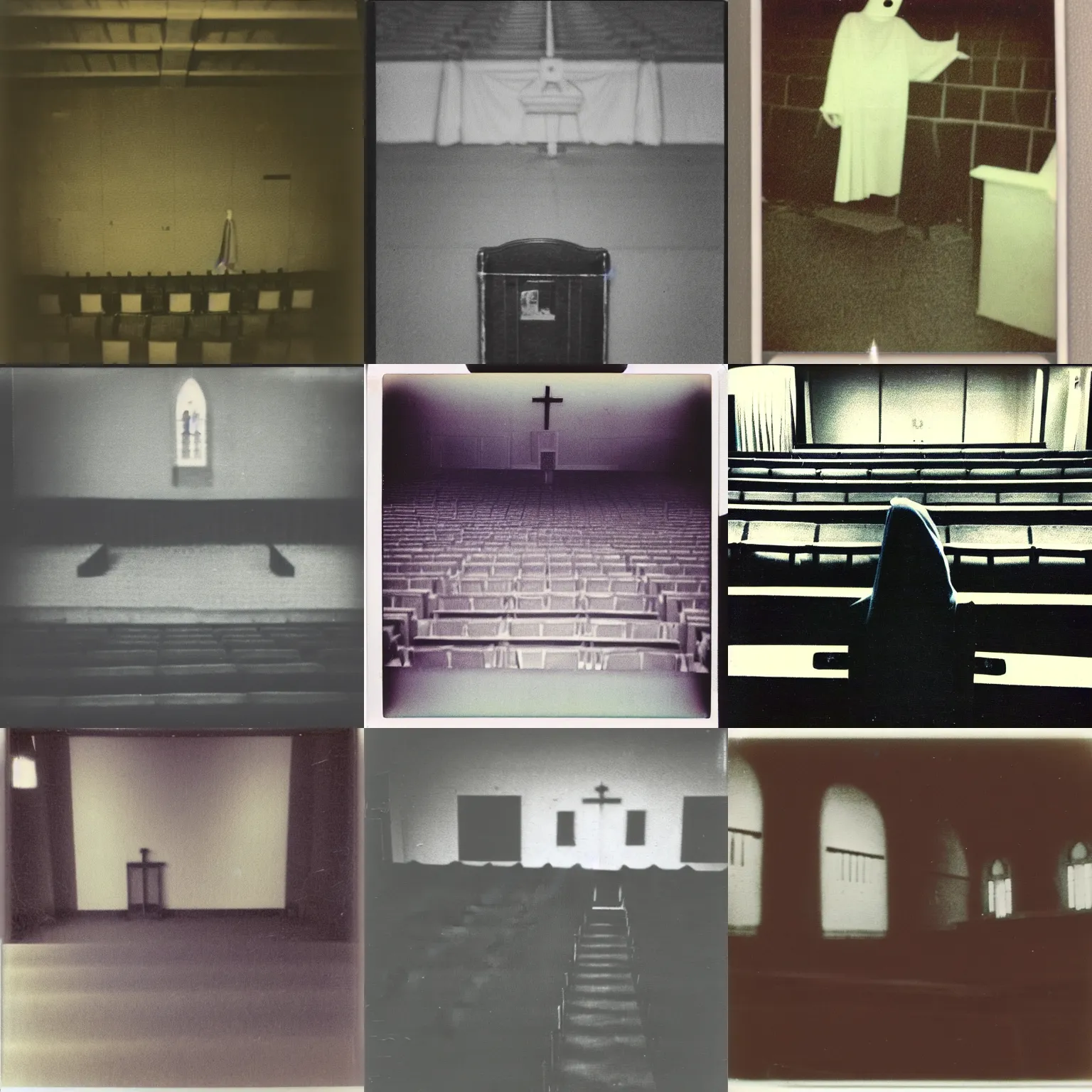 Prompt: polaroid photo proof of a creepy ghost in my empty church auditorium