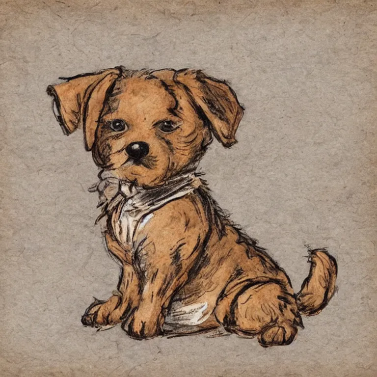 Prompt: a cute retro puppy. alcohol ink on parchment, muted colors, detailed, textured parchment background, 1 9 5 0 s concept art