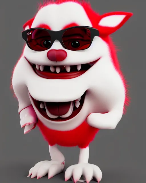 Image similar to 3 d render of completely red hairy friendly antropomorphic cartoony creature wearing white ray - ban shades, full body, simple, grin square teeth with no nose, cute, white background, unreal engine 5 hdr