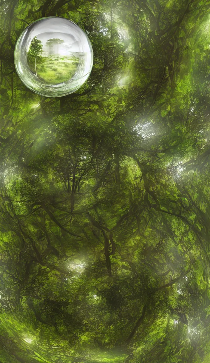 Prompt: miniature forest in a glass sphere, digital art