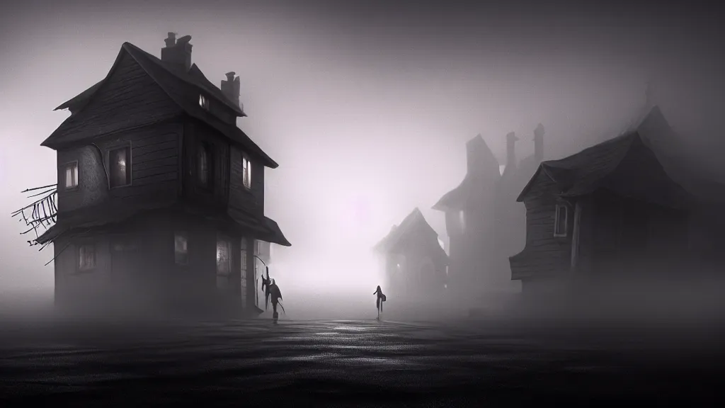 Prompt: thin luminous threads stretch from a black sphere that is in the sky above a small village with wooden houses in the fog, fog, volumetric lighting, mystique, atmospheric, sharp focus, ultra detailed, ross tran, thierry doizon, kai carpenter, ignacio fernandez rios, noir art house, 4 k, 3 5 mm