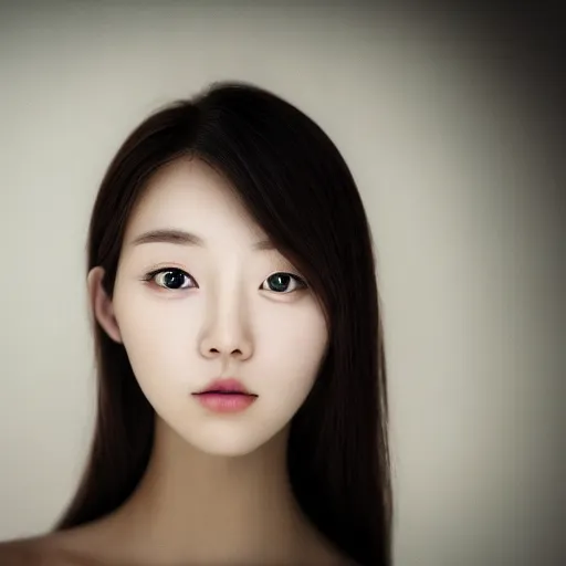 Image similar to beautiful female angel, Korean, asymmetrical face, ethereal volumetric light, sharp focus