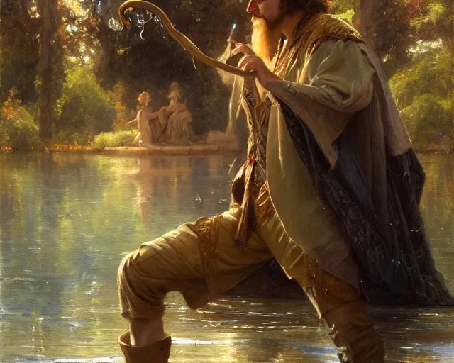 Image similar to attractive male wizard casting water spell in a beautiful lake. highly detailed painting by gaston bussiere, craig mullins, j. c. leyendecker 8 k