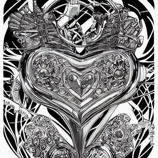 Prompt: a chrome carved heart, intricate artwork, graphic style of Patrick Gleason very coherent symmetrical artwork,