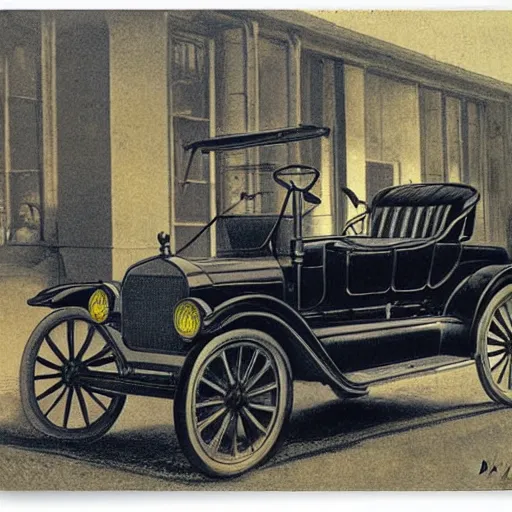 Prompt: ford model t lithograph by adolphe millot