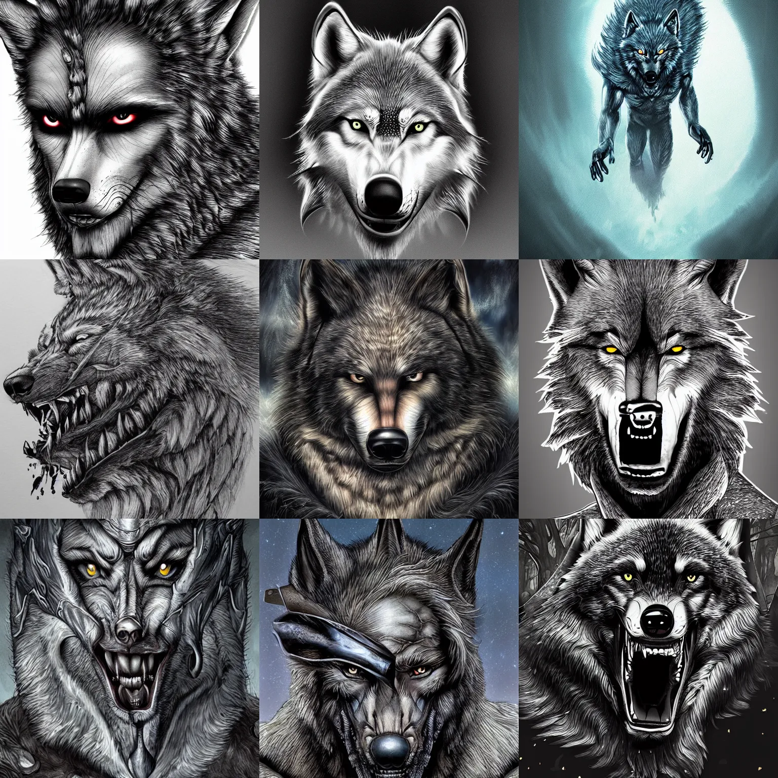 Prompt: highly detailed illustration of wolf - man, hyper realistic, sci - fi horror art