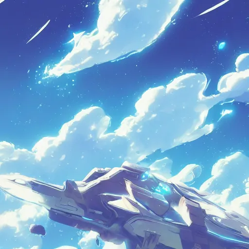 Prompt: a spaceship crashed into a foreign planet. The spaceship is buried in the ground. beautiful blue sky with large white anime clouds. in the style of digital art, artstation trending, rossdraws, breath of the wild, Makoto Shinkai, ghibli