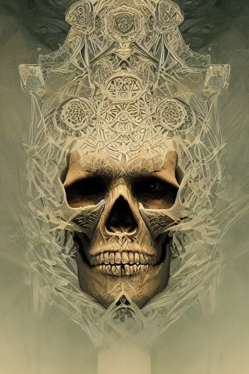 Image similar to concept art skull, the skull is decorated with art deco patterns, close - up portrait, powerfull, intricate, elegant, volumetric lighting, scenery, digital painting, highly detailed, artstation, sharp focus, illustration, concept art, ruan jia, steve mccurry