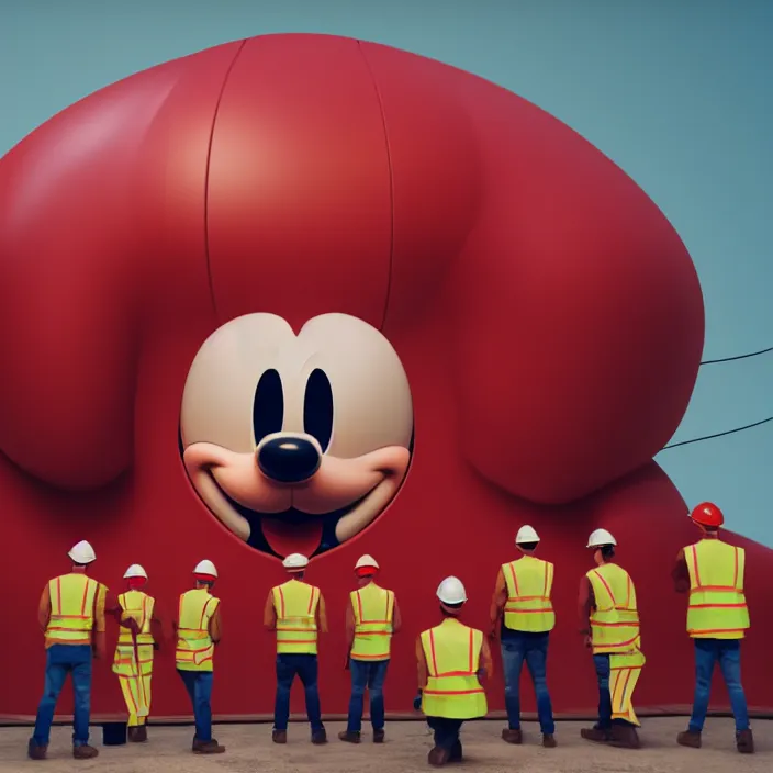 Image similar to crew of workers in red overalls building giant mickey mouse head in small workshop, octane render, 4 k ultra hd, hyper - detailed, realistic, low lighting, sharp focus, in style of beeple