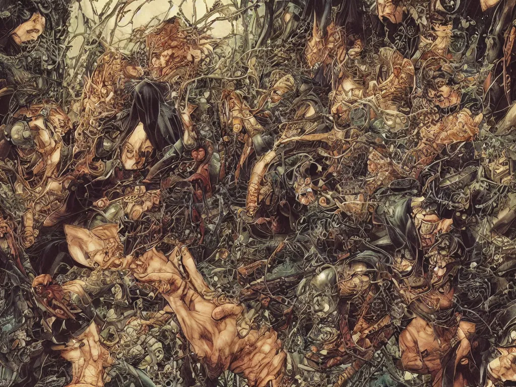 Image similar to scene of crazy splinter fight, full body symmetrical, by yoichi hatakenaka, masamune shirow, josan gonzales and dan mumford, ayami kojima, takato yamamoto, barclay shaw, karol bak, yukito kishiro