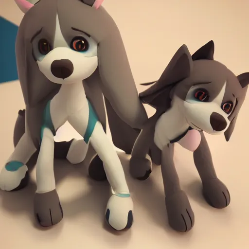 Image similar to cute fumo plush of a huskygirl, dog girl, anime, character design, distinctive silhouette, artstation, vray