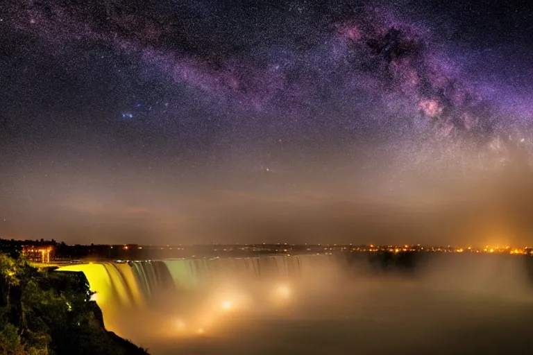 Prompt: beautiful nighttime landscape photography of Niagara Falls dramatic point of view, serene, dramatic lighting, milky way galaxy