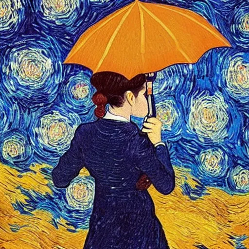 Image similar to girl with an umbrella girl with an umbrella. a walk inside a van gogh painting is a starry night. inside the painting. see everything from the inside. clearly detailed. dramatic.