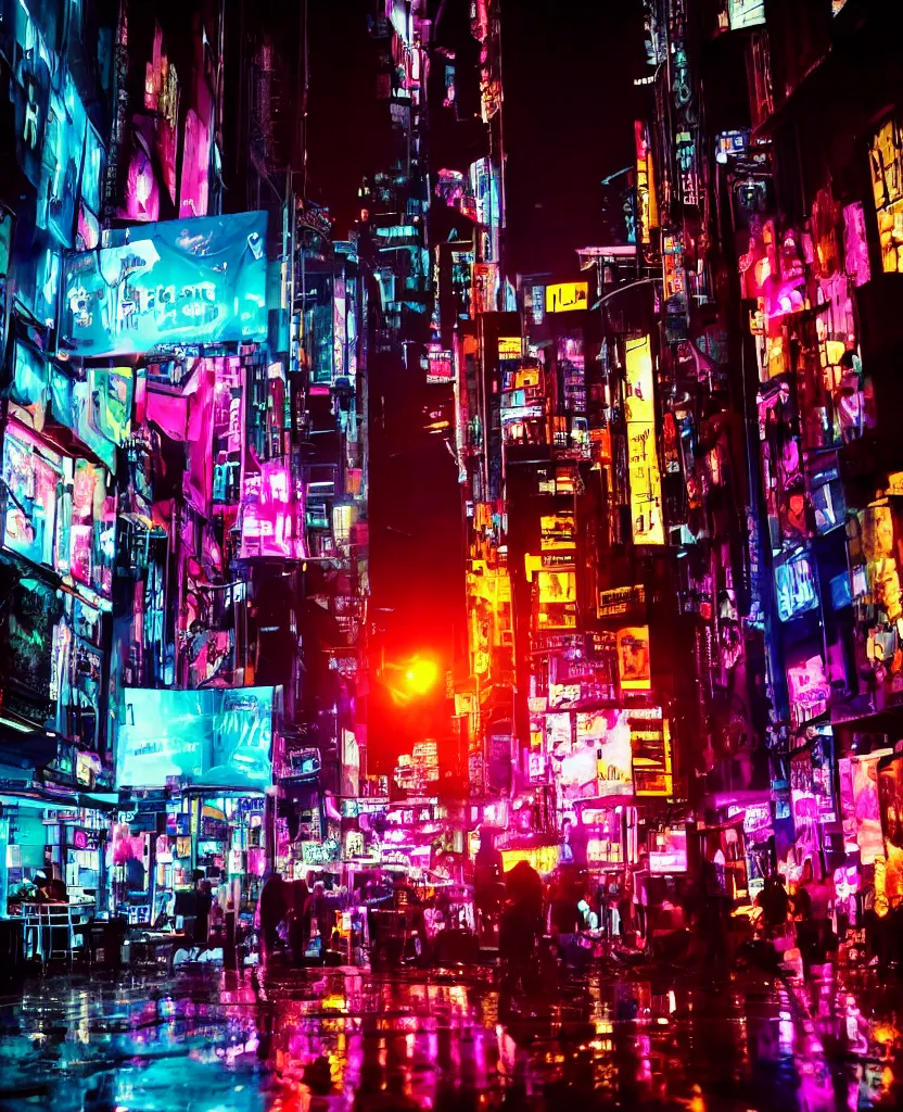 Prompt: cyberpunk city at night, night clubs and neons, rain, camera high, girl under lantern, by Sean Foley