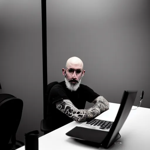 Prompt: dystopian photo of a skinny, bald, middle aged man with a closely cropped beard, skin tattoos, he is sitting at a desk with a pc in a dark room, atmospheric, blackness, glowing screen, crisp detail, medium distance, office cubicles, dramatic lighting, f / 3. 2 3 5 mm photo by paolo pellegrin