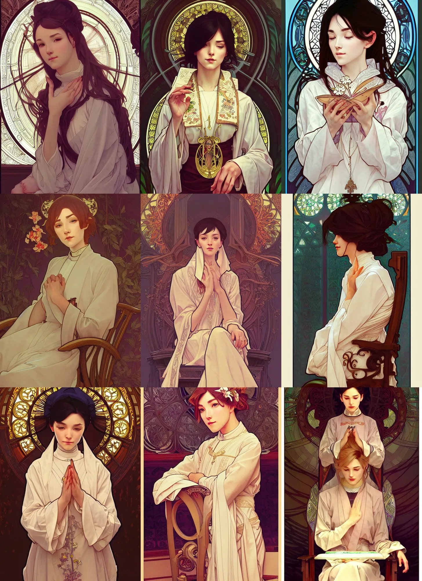 Prompt: a beautiful priest sitting in a chair, highly detailed, digital painting, smooth, sharp focus, illustration, art by artgerm and alphonse mucha, high definition digital art, in the style of ross tran and ilya kuvshinov