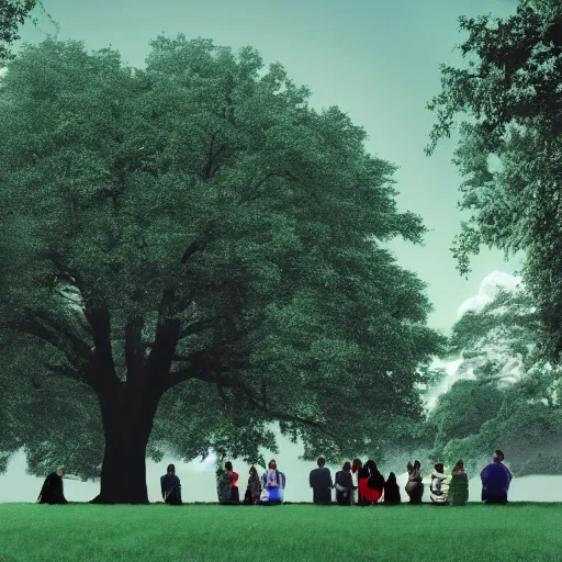 Prompt: a group of people in a park staring up at a gigantic tree, professional monochromatic artwork