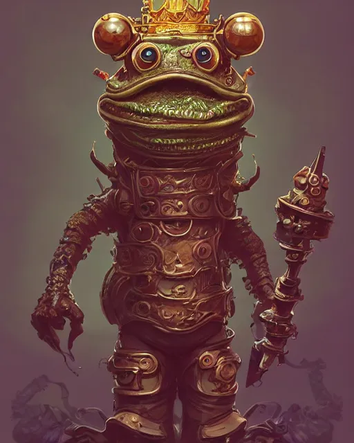 Prompt: a slimy anthropomorphic toad king wearing ornate steampunk armor, smooth, intricate, elegant, digital painting, artstation, steam, grungy steel, concept art, sharp focus, octane render, illustration, art by josan gonzalez and riot studios and blizzard studios,