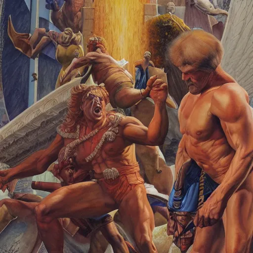 Prompt: detailed details photorealistic historical image gods vs titan in the style alex ross and poggi roberto and and moebius and jean giraud, gouache and wash paints color, detailed details facial and body and human and environments and proportionate, detailed 5 k details.