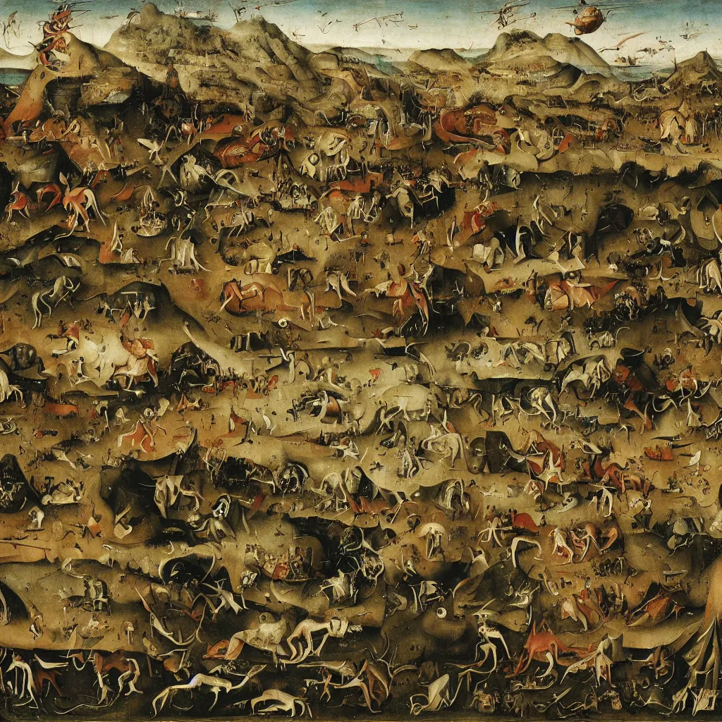 Prompt: xv century painting, boston dynamics robots fighting with giant insects, epic battlescene, with active volcano in the background, 4 k, detailed, art by hieronymus bosch