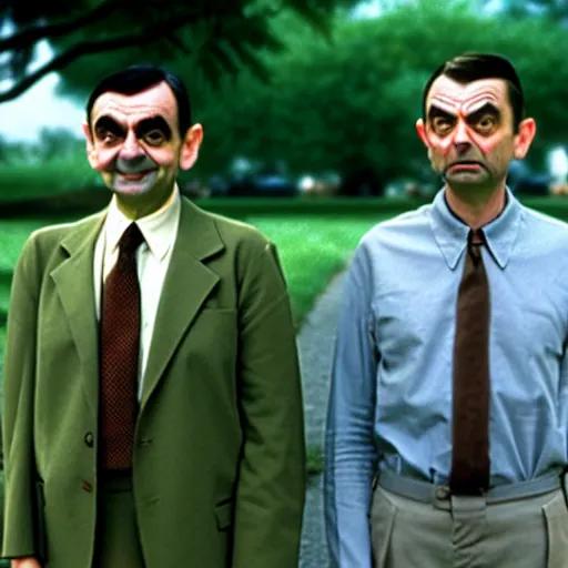 Image similar to mr. bean as forest gump. movie still. cinematic lighting.