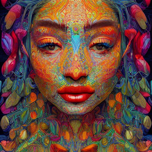 Image similar to the portrait of a beautiful young woman partially made up of peppers of all colors, an ultrafine detailed illustration by james jean, intricate linework, bright colors, final fantasy, behance contest winner, vanitas, angular, altermodern, unreal engine 5 highly rendered, global illumination, radiant light, detailed and intricate environment