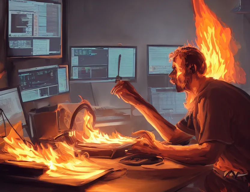 Image similar to a man works at a workstation in a very hot office with burning fires, close up, featured in artstation, intricate, ultra detailed, concept art, wide - angle lens, sharp focus, illustration, 8 k